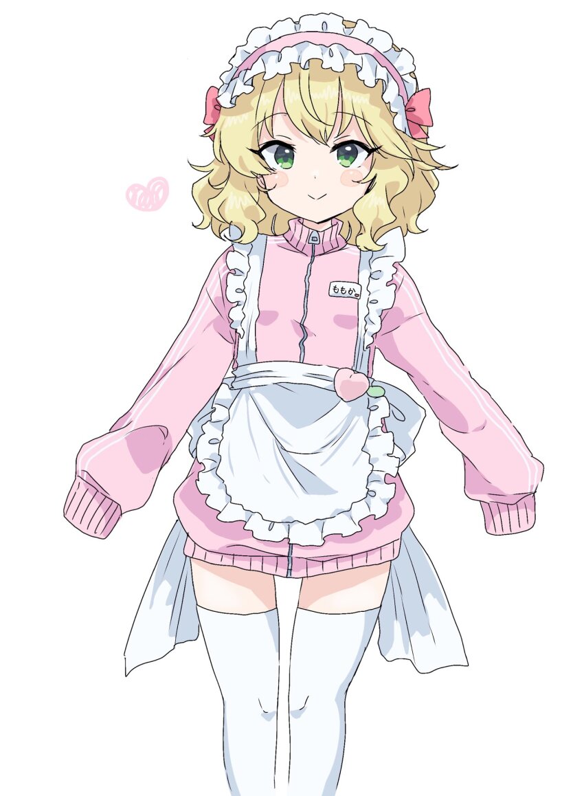 apron blonde_hair blush_stickers bow bow_headband closed_mouth cowboy_shot dot_nose double-parted_bangs frilled_apron frilled_headband frills green_eyes hair_between_eyes heart highres idolmaster idolmaster_cinderella_girls jacket jersey_maid long_sleeves maid maid_apron maid_headdress outstretched_arms pink_jacket pink_track_suit red_bow remiri_nicoeli sakurai_momoka short_hair simple_background sleeves_past_fingers sleeves_past_wrists smile solo spread_arms standing thighhighs thighs track_jacket track_suit unconventional_maid white_apron white_background white_headdress white_thighhighs zettai_ryouiki zipper