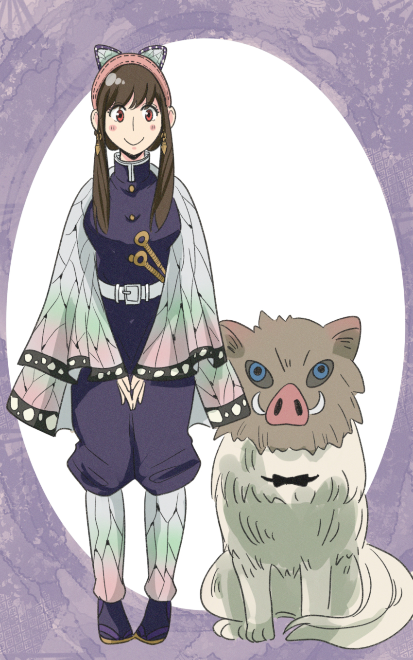 1girl animal artist_request black_hair bond_(spy_x_family) cosplay dog hashibira_inosuke hashibira_inosuke_(cosplay) highres kimetsu_no_yaiba kochou_shinobu kochou_shinobu_(cosplay) long_hair red_eyes smile spy_x_family yor_briar