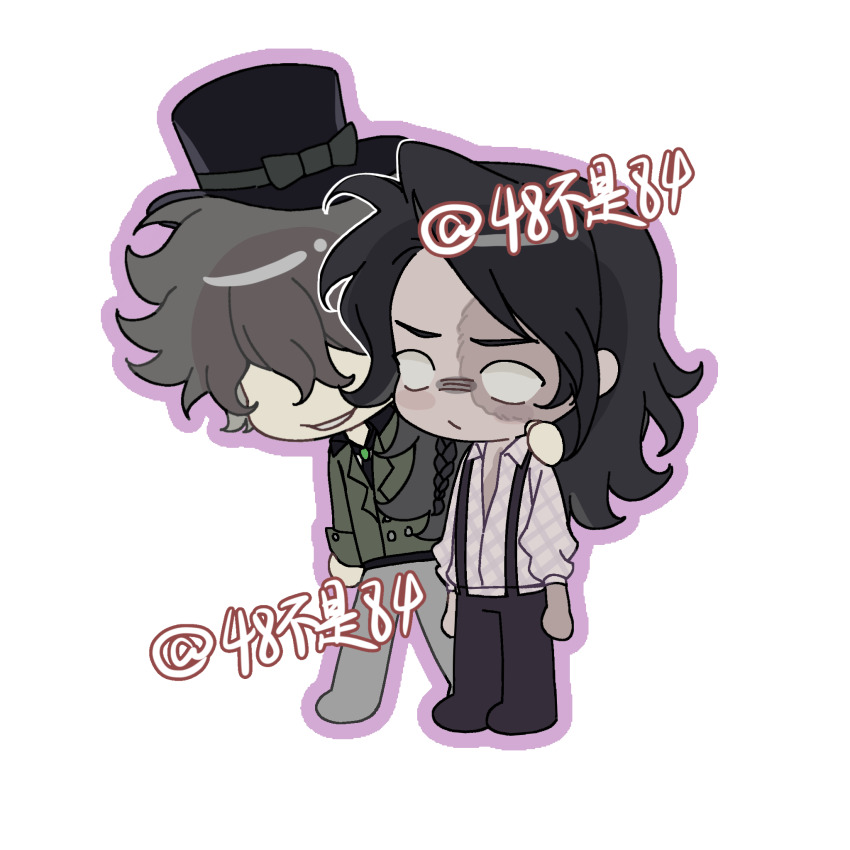 2boys black_bow black_hair black_hat black_pants black_shirt blank_eyes bow brown_hair burn_scar character_request check_character chinese_commentary chunaizhanshi23057 collared_shirt commentary_request deformed green_jacket grey_pants hair_over_eyes hand_on_another&#039;s_shoulder hat hat_bow highres identity_v jack_(identity_v) jacket long_hair long_sleeves male_focus multiple_boys norton_campbell outline pants ponytail purple_outline scar scar_on_face shirt simple_background smile suspenders white_background white_shirt