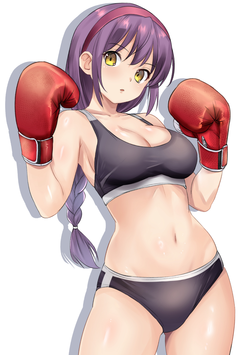 1girl absurdres armpits black_panties black_sports_bra blush boxing_gloves braid braided_ponytail breasts cleavage hair_between_eyes hairband highres long_hair looking_at_viewer medium_breasts navel open_mouth original panties purple_hair shadow simple_background solo sports_bra sports_panties stomach underwear white_background xiahou_qiulan yellow_eyes