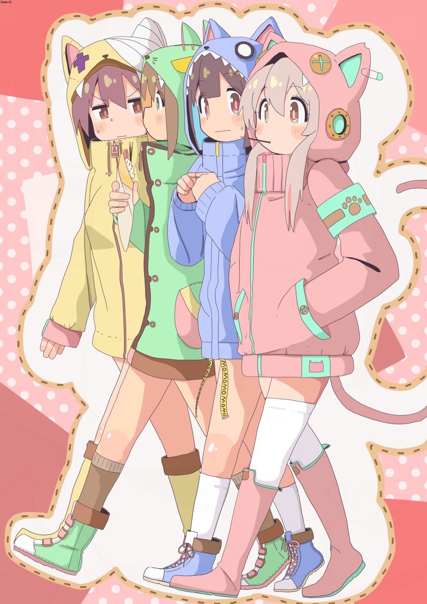 3girls absurdres alternate_costume animal_ear_hood animal_ears animal_hood bambi2000line blue_jacket boots brown_eyes brown_hair cat_ears cat_hood cat_tail colored_inner_hair commentary crepe fake_animal_ears food food_in_mouth green_eyes green_jacket grey_hair hair_between_eyes hands_in_pockets highres holding holding_food hood hood_up hooded_jacket hozuki_momiji jacket knee_boots long_hair long_sleeves multicolored_hair multiple_girls murosaki_miyo oka_asahi onii-chan_wa_oshimai! oyama_mahiro pink_boots pink_jacket pocky pocky_in_mouth short_hair simple_background tail thighhighs turtleneck turtleneck_jacket two-tone_hair wavy_mouth white_thighhighs yellow_jacket