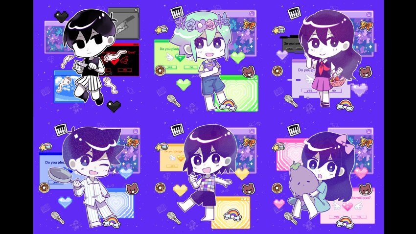 2girls 4boys alternate_eye_color antenna_hair apple aubrey_(headspace)_(omori) aubrey_(omori) banana bare_arms bare_shoulders barefoot basil_(headspace)_(omori) basil_(omori) black_eyes black_hair black_shirt black_shoes black_socks blue_overalls blue_shirt blush book bow bright_pupils chibi chibi_only closed_mouth collared_shirt colored_skin double-parted_bangs empty_eyes flower food fruit frying_pan full_body genk1zam4s grapes green_hair hair_between_eyes hair_bow head_wreath heart hero_(headspace)_(omori) hero_(omori) highres holding holding_book holding_knife holding_stuffed_toy jumping kel_(headspace)_(omori) kel_(omori) kneehighs knife long_hair long_shirt long_sleeves looking_at_viewer male_focus mari_(headspace)_(omori) mari_(omori) mr._plantegg_(omori) multiple_boys multiple_girls neckerchief no_pupils omori omori_(omori) one_eye_closed open_mouth outline overall_shorts overalls pajamas picnic_basket picnic_blanket pillarboxed pink_bow pixel_art_inset pleated_skirt purple_background purple_eyes purple_hair purple_shorts purple_sweater_vest red_neckerchief red_skirt scrapbook shirt shoes short_hair short_sleeves shorts sideways_glance simple_background skirt sleeveless sleeveless_shirt smile socks sparkle striped_clothes striped_shorts stuffed_eggplant stuffed_toy sweater_vest t-shirt tank_top vertical-striped_clothes vertical-striped_shorts very_short_hair white_outline white_pupils white_shirt white_shorts white_skin window_(computing)