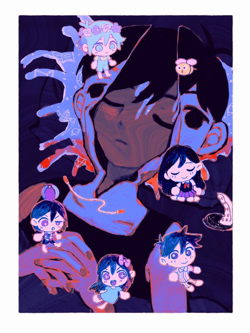 +_+ 2girls 5boys abbi_(omori) antenna_hair aubrey_(headspace)_(omori) aubrey_(omori) ball bare_shoulders basil_(headspace)_(omori) basil_(omori) beachball bee black_eyes black_hair black_tank_top bright_pupils brother_and_sister brothers bug chibi chibi_inset closed_eyes closed_mouth commentary_request double-parted_bangs dual_persona empty_eyes fingernails hair_between_eyes head_on_pillow hero_(headspace)_(omori) hero_(omori) highres insect interlocked_fingers jump_rope kel_(headspace)_(omori) kel_(omori) lying mari_(headspace)_(omori) mari_(omori) milkymilkyshark multiple_boys multiple_girls no_pupils omori omori_(omori) on_back own_hands_clasped own_hands_together pillow short_hair siblings spelling_bee_(omori) sunny_(omori) tank_top u_u upper_body white_pupils