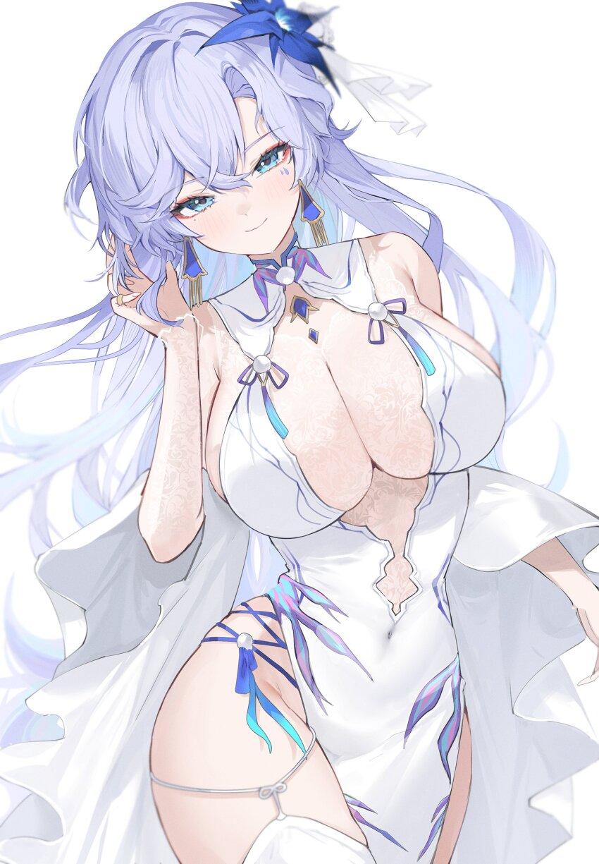 1girl absurdres bare_shoulders blue_eyes blue_flower breasts cantarella_(wuthering_waves) cleavage closed_mouth covered_navel dress facial_mark flower garter_straps gurami_(zangizarang) hair_between_eyes hair_flower hair_ornament highres large_breasts long_hair looking_at_viewer mark_under_eye mole mole_under_eye no_panties purple_hair simple_background smile solo standing thighhighs white_background white_dress white_thighhighs wuthering_waves
