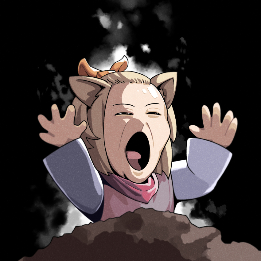 1girl ai-generated_art_(topic) animal_ears ash_baby_(meme) ash_blossom_&amp;_joyous_spring black_background brown_eyes brown_hair closed_eyes derivative_work dog_ears dog_girl duel_monster forehead highres iroha_mato meme name_connection open_mouth screaming shiny_forehead solo yu-gi-oh!