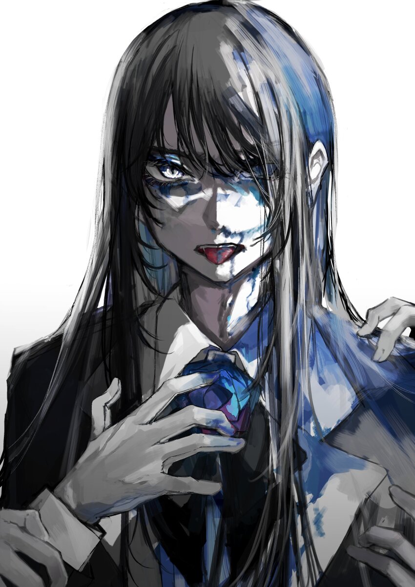 1girl absurdres ado_(utaite) black_hair black_jacket blood blood_on_clothes blood_on_tongue blue_blood blue_flower blue_rose brooch chando_(ado) cloud_nine_inc collared_shirt commentary english_commentary flower flower_brooch formal_clothes gloves hair_over_one_eye hand_on_own_chest highres jacket key_visual long_hair long_sleeves looking_at_viewer mixed-language_commentary mole mole_under_eye multiple_hands official_art open_mouth orihara_(ewkkyorhr) promotional_art rose shirt solo splatter straight-on straight_hair suit_jacket tongue tongue_out upper_body utaite white_background white_gloves white_shirt wish_(ado)