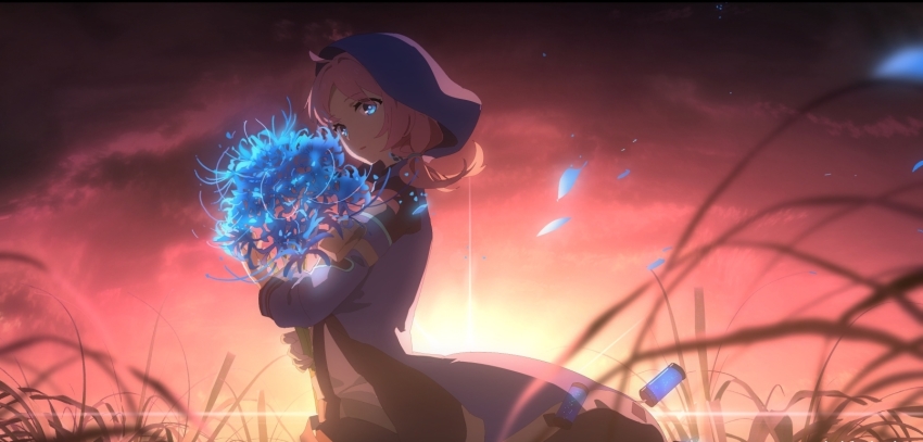 1girl arknights bad_id bad_pixiv_id belt_pouch blue_eyes blue_flower blue_jacket blue_poison_(arknights) blue_spider_lily bouquet cloud dadijiji dress_shirt female_focus flower glowing glowing_petals grass highres hood hoodie jacket lens_flare looking_at_viewer petals pink_hair pouch shirt shorts solo spider_lily sunset twintails vial wind