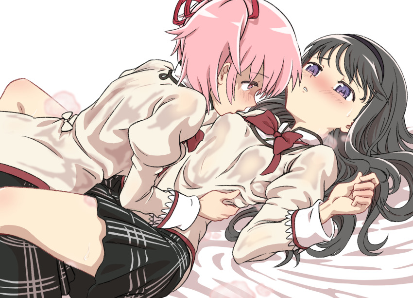 2girls akemi_homura ane_moire bed_sheet between_legs black_hair black_hairband black_skirt blush bow bowtie breast_sucking breasts commentary english_commentary girl_on_top hair_ornament hair_ribbon hairband highres juliet_sleeves kaname_madoka long_sleeves lying mahou_shoujo_madoka_magica mahou_shoujo_madoka_magica_(anime) mitakihara_school_uniform multiple_girls nose nose_blush on_back on_bed pink_eyes pink_hair pleated_skirt puffy_sleeves purple_eyes red_bow red_bowtie ribbon school_uniform see-through_clothes short_hair simple_background skirt small_breasts smell striped_clothes striped_skirt sweat teeth twintails white_background white_skirt yuri