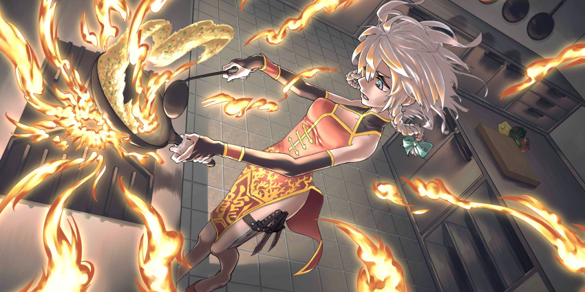 1girl alternate_costume aqua_bow bell_pepper blue_eyes bow braid breasts broccoli china_dress chinese_clothes commentary cooking cutting_board dress english_commentary fire food fried_rice game_cg hair_bow hair_ribbon highres holding holding_ladle holster indoors izayoi_sakuya kitchen knife knife_sheath ladle long_hair medium_breasts official_art pelvic_curtain red_dress red_shoes ribbon rippoutai sheath shoes side_slit solo stove thigh_holster thigh_strap third-party_source tomato touhou touhou_lostword tress_ribbon twin_braids white_hair wok