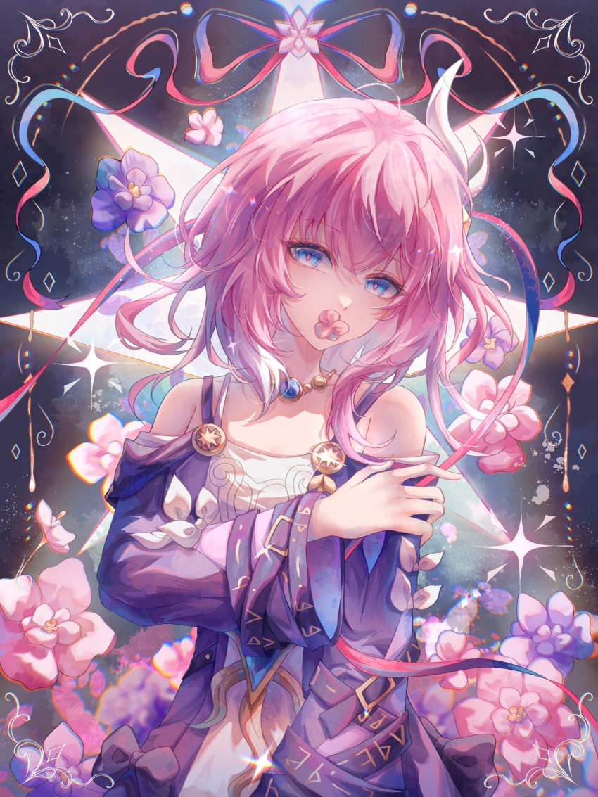 1girl absurdres blue_eyes breasts chinese_commentary coat commentary_request cyrene_(honkai:_star_rail) danli_suri detached_sleeves dress floral_background flower flower_in_mouth hair_ornament highres honkai:_star_rail honkai_(series) jewelry looking_at_viewer necklace pink_flower pink_hair pink_pupils purple_coat purple_flower short_hair small_breasts solo white_dress