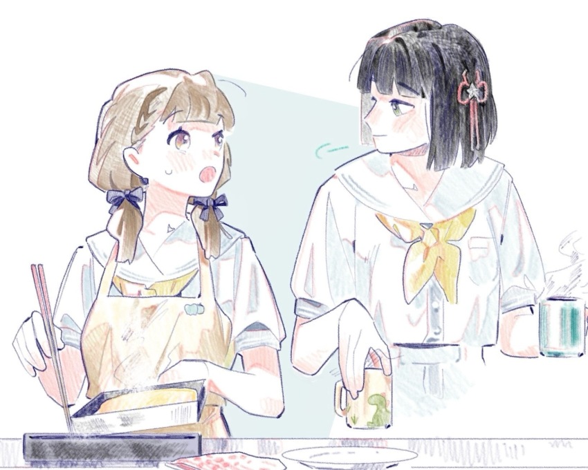 2girls :o apron black_hair black_ribbon blunt_bangs blunt_ends braid breast_pocket brown_hair center-flap_bangs chopsticks closed_mouth collarbone commentary cooking cup dress eye_contact flower flower_knot frying_pan green_eyes hair_flower hair_ornament hair_ribbon hasu_no_sora_school_uniform highres holding holding_chopsticks holding_cup holding_frying_pan kachimachi_kosuzu light_smile link!_like!_love_live! long_hair looking_at_another love_live! low_twintails makiyakinabe momose_ginko mug multiple_girls neckerchief open_mouth pale_color pink_eyes pipi_(m1x_mix) plate pocket puff_of_air puffy_short_sleeves puffy_sleeves ribbon sailor_collar sailor_dress school_uniform short_hair short_sleeves side_braids steam summer_uniform twintails upper_body virtual_youtuber white_dress white_sailor_collar yellow_apron yellow_neckerchief