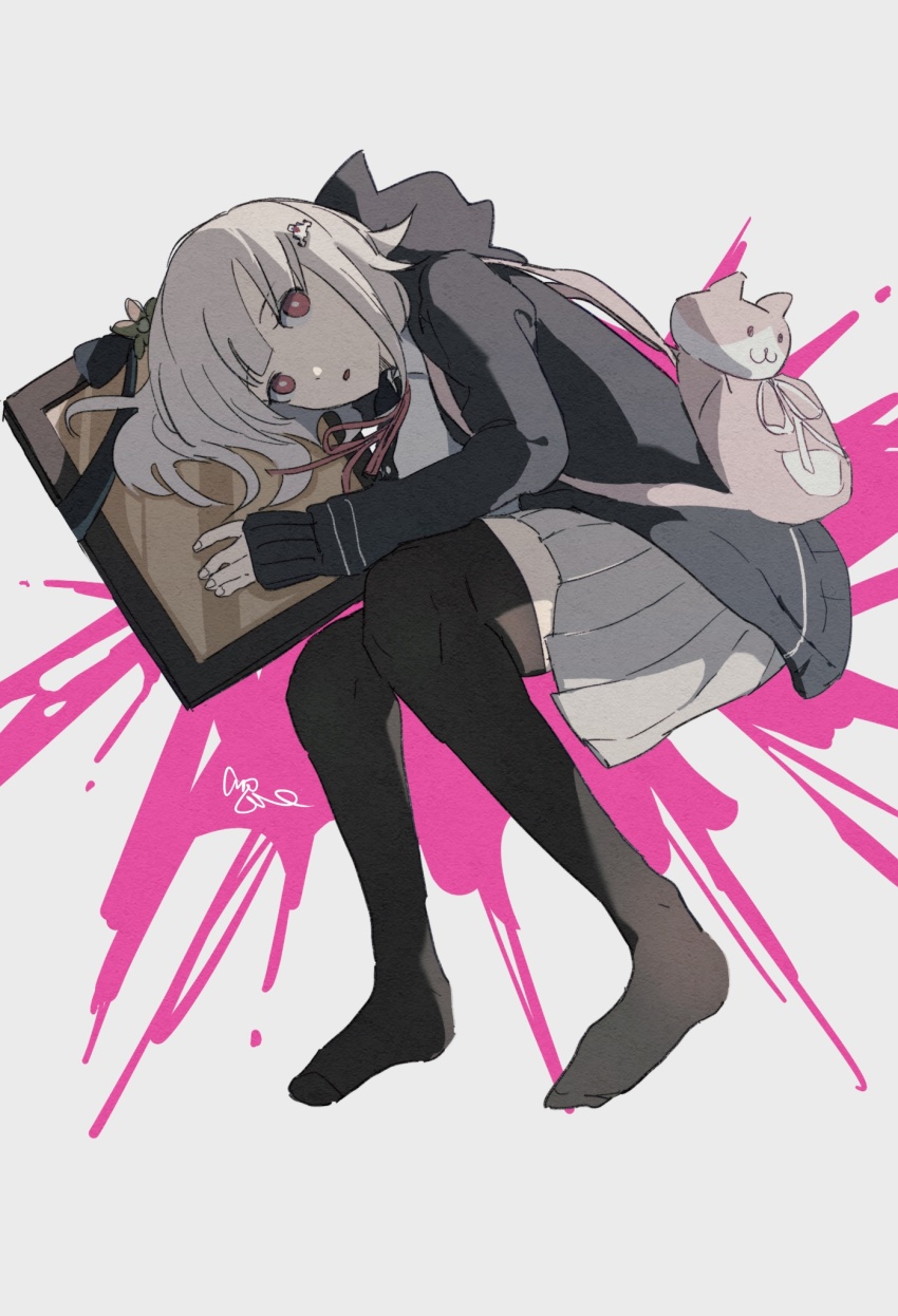 1girl :o animal_bag blood breasts brown_hair cat_bag collared_shirt danganronpa_(series) danganronpa_2:_goodbye_despair flipped_hair hair_ornament highres honma_(ly189) hood iei jacket long_sleeves medium_hair nanami_chiaki neck_ribbon no_shoes open_clothes open_jacket pink_blood pink_eyes ribbon shirt skirt solo spaceship_hair_ornament white_shirt
