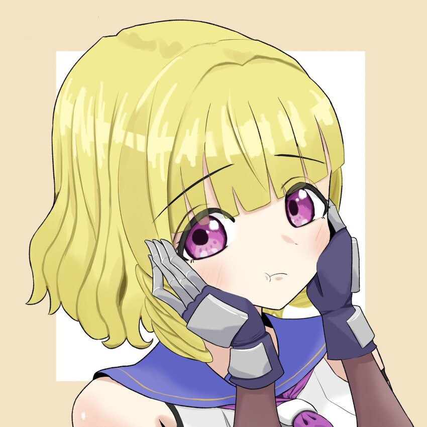 1girl :t assault_lily bare_shoulders blonde_hair blue_sailor_collar blunt_bangs blush border brown_border closed_mouth commentary gauntlets hands_on_own_cheeks hands_on_own_face hands_up highres imamura_yukari_(assault_lily) looking_at_viewer neckerchief odaiba_girls_high_school_uniform outside_border portrait purple_eyes purple_neckerchief sailor_collar school_uniform serafuku shirt short_hair simple_background sleeveless sleeveless_shirt solo washi-san white_background white_shirt