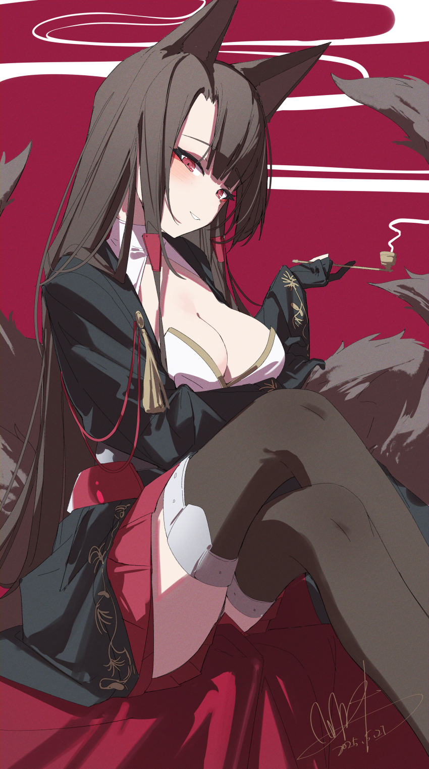 1girl absurdres akagi_(azur_lane) animal_ears azur_lane black_gloves blush breasts brown_hair brown_tail cleavage commentary eyeliner fox_ears fox_girl fox_tail gloves highres holding holding_smoking_pipe japanese_clothes kitsune kyuubi large_breasts long_hair looking_at_viewer makeup multiple_tails parted_bangs partially_fingerless_gloves qtian red_background red_eyeliner red_eyes red_skirt simple_background skirt smile smoke smoke_trail smoking_pipe solo tail
