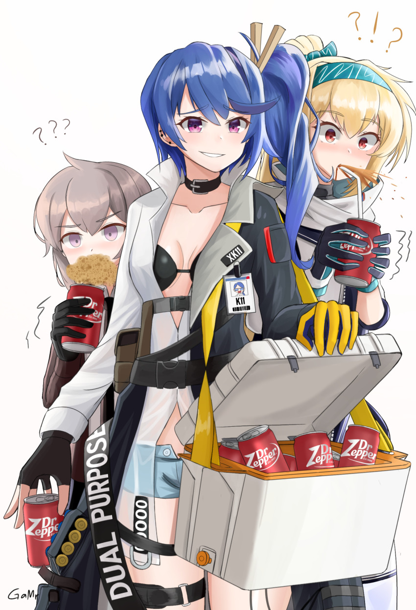 !? 20x30mm_lv 20x30mm_lv_p_k168 3girls ? ?? ammunition blush can cannon_cartridge character_name cooler dr_pepper drink drink_can drinking drinking_straw explosive foaming_at_the_mouth gamryous girls&#039;_frontline grenade grenade_cartridge highres id_card k11_(girls&#039;_frontline) m200_(girls&#039;_frontline) mouth_hold multiple_girls ponytail practice_round smug soda soda_can spit_take spitting subsonic_ammunition sv-98_(girls&#039;_frontline) sv-98_(mod3)_(girls&#039;_frontline) teeth_hold white_background