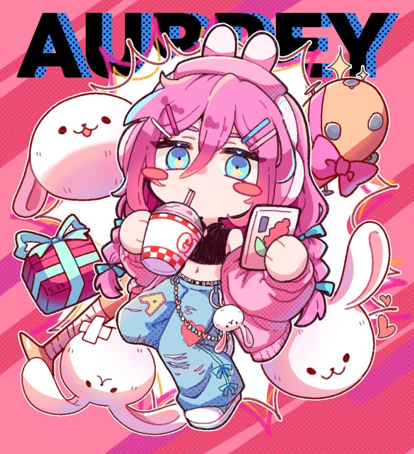 1girl animal animal_charm animal_ear_headphones animal_ears aqua_bow aqua_eyes aubrey_(birthday)_(omori) aubrey_(faraway)_(omori) aubrey_(omori) bare_shoulders baseball_bat belt black_belt blue_pants blush_stickers bow braid character_name chibi chibi_only clothes_writing commentary_request copyright_name cup denim disposable_cup double-parted_bangs drinking drinking_straw drinking_straw_in_mouth eyebrows_hidden_by_hair fake_animal_ears forest_bunny?_(omori) forest_bunny_(omori) full_body gift hair_between_eyes hair_bow hair_ornament halftone headphones heart highres holding holding_cup holding_phone igu_0v0 jacket jacket_partially_removed jeans long_hair looking_at_viewer midriff nail_(hardware) nail_bat navel official_alternate_costume official_alternate_hairstyle omori pants phone pink_background pink_bow pink_jacket rabbit rabbit_ear_headphones simple_background solo sparkle standing standing_on_one_leg star_(symbol) striped_background torn_clothes torn_pants twin_braids very_long_hair white_background white_rabbit_(animal)