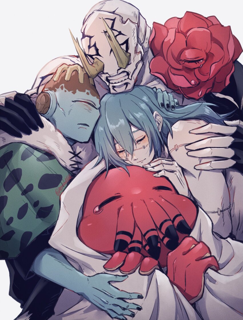 2boys akasuzu3641 black_nails blue_hair blue_skin capelet closed_eyes colored_skin cowboy_shot cyclops dagon_(jujutsu_kaisen) green_capelet group_hug hanami_(jujutsu_kaisen) highres hug jogo_(jujutsu_kaisen) jujutsu_kaisen long_hair mahito_(jujutsu_kaisen) monster multiple_boys one-eyed patchwork_skin robe standing tearing_up teeth topless_male white_background white_robe