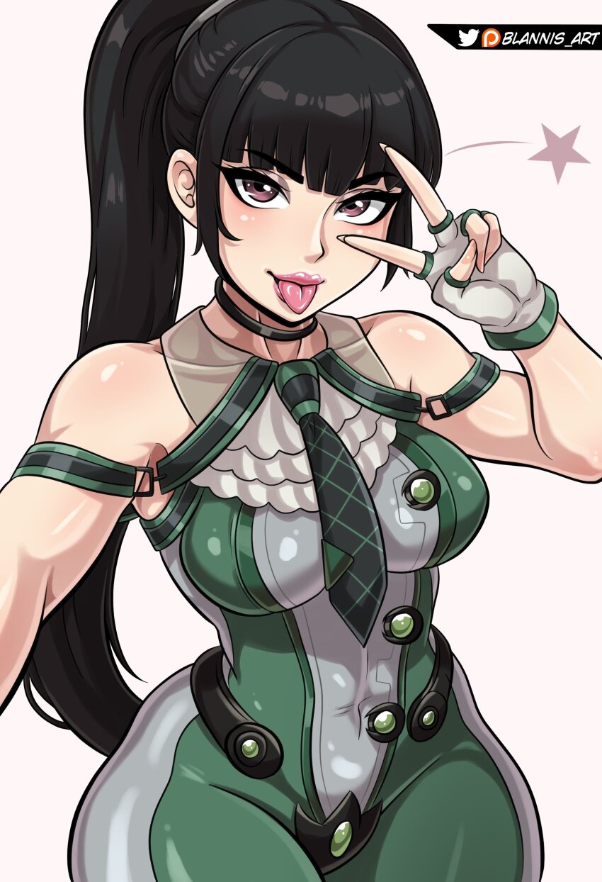 1girl alternate_eye_color artist_name bare_shoulders black_hair blannis breasts choker eve_(stellar_blade) female_focus highres looking_at_viewer medium_breasts patreon_username planet_diving_suit_(7th)_(stellar_blade) ponytail purple_eyes shiny_skin simple_background solo stellar_blade thick_thighs thighs tongue tongue_out v white_background