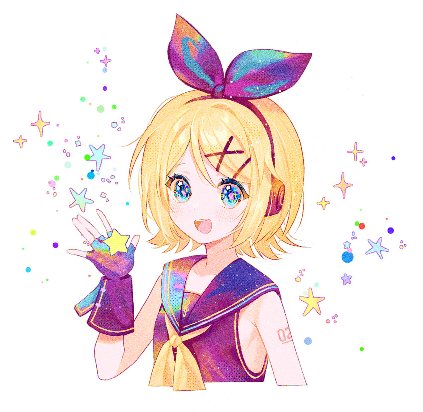 1girl :d blonde_hair blue_eyes blush bow fingerless_gloves fymrie gloves hair_bow headphones holding holding_star kagamine_rin neckerchief open_mouth sailor_collar shirt short_hair sleeveless sleeveless_shirt smile solo sparkle star_(symbol) vocaloid sour_model_(mikumikudance)