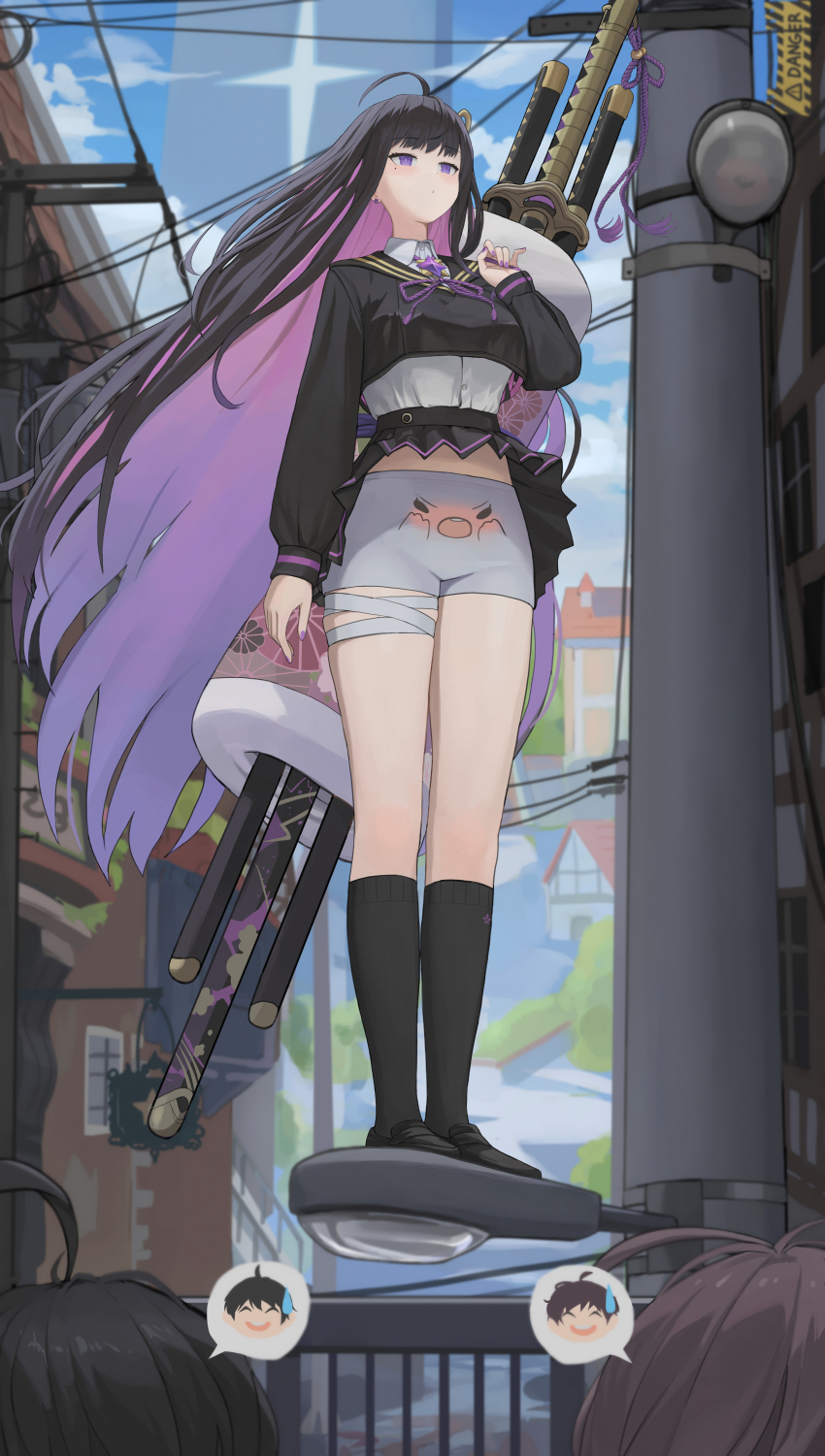 absurdres bandage_on_leg bandage_on_thigh bandaged_leg bandages black_hair black_sailor_collar black_serafuku chitose_(stella_sora) clothes_lift colored_inner_hair cropped_jacket dolri expressionless highres long_hair mole mole_under_eye multicolored_hair nail_polish pleated_skirt purple_ribbon ribbon sailor_collar school_uniform serafuku shirt shorts skirt skirt_lift solo_focus standing stella_sora sword sword_on_back weapon weapon_on_back white_shirt white_shorts wind wind_lift