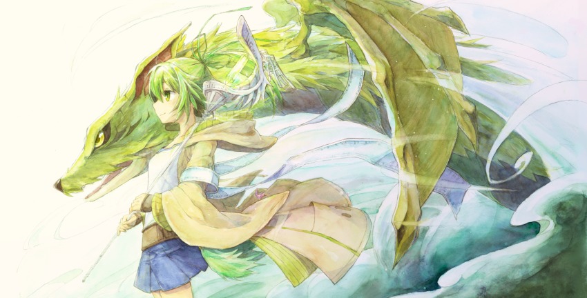 1girl belt coat duel_monster familiar-possessed_-_wynn fur gloves green_eyes green_hair highres hood mizutama_(mizutamalion) petit_dragon skirt smile staff wings wynn_(yu-gi-oh!) wynn_the_wind_charmer yu-gi-oh!
