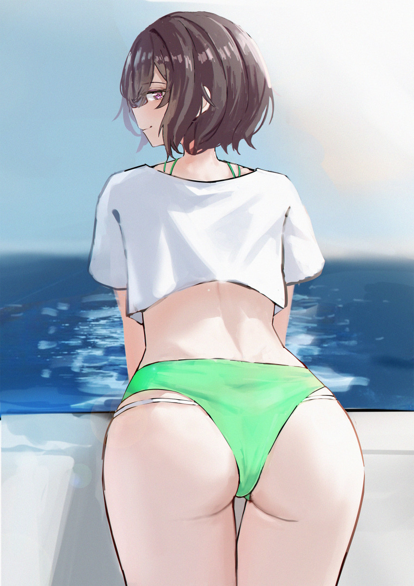 1girl absurdres ass bikini bikini_under_clothes blush brown_hair commentary_request cropped_shirt from_behind gakuen_idolmaster green_bikini highres horizon idolmaster leaning_forward light_smile looking_at_viewer median_furrow mmsk neo_asari outdoors shirt short_hair sideways_glance solo swimsuit t-shirt thigh_gap white_shirt
