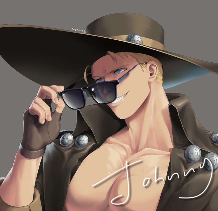 1boy agugu0715 arm_up black_gloves black_hat black_jacket blonde_hair blue_eyes character_name collarbone collared_jacket commentary dated english_text fingerless_gloves gloves grey_background grin guilty_gear guilty_gear_strive hat highres jacket johnny_(guilty_gear) large_hat male_focus open_clothes open_jacket pectorals removing_eyewear short_hair simple_background sleeve_cuffs smile solo sunglasses teeth upper_body
