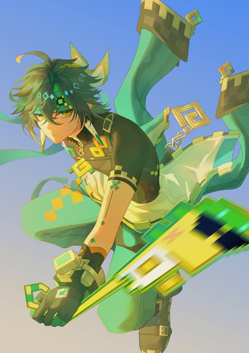 1boy 1other absurdres ajaw_(genshin_impact) aqua_headband aqua_pants arm_tattoo black_gloves black_hair black_shirt closed_mouth clothes_around_waist earrings erzplubdduik93g genshin_impact gloves green_eyes green_hair hair_between_eyes headband highres jewelry kinich_(genshin_impact) looking_at_viewer male_focus multicolored_hair pants shirt short_hair streaked_hair tattoo two-tone_gloves upper_body