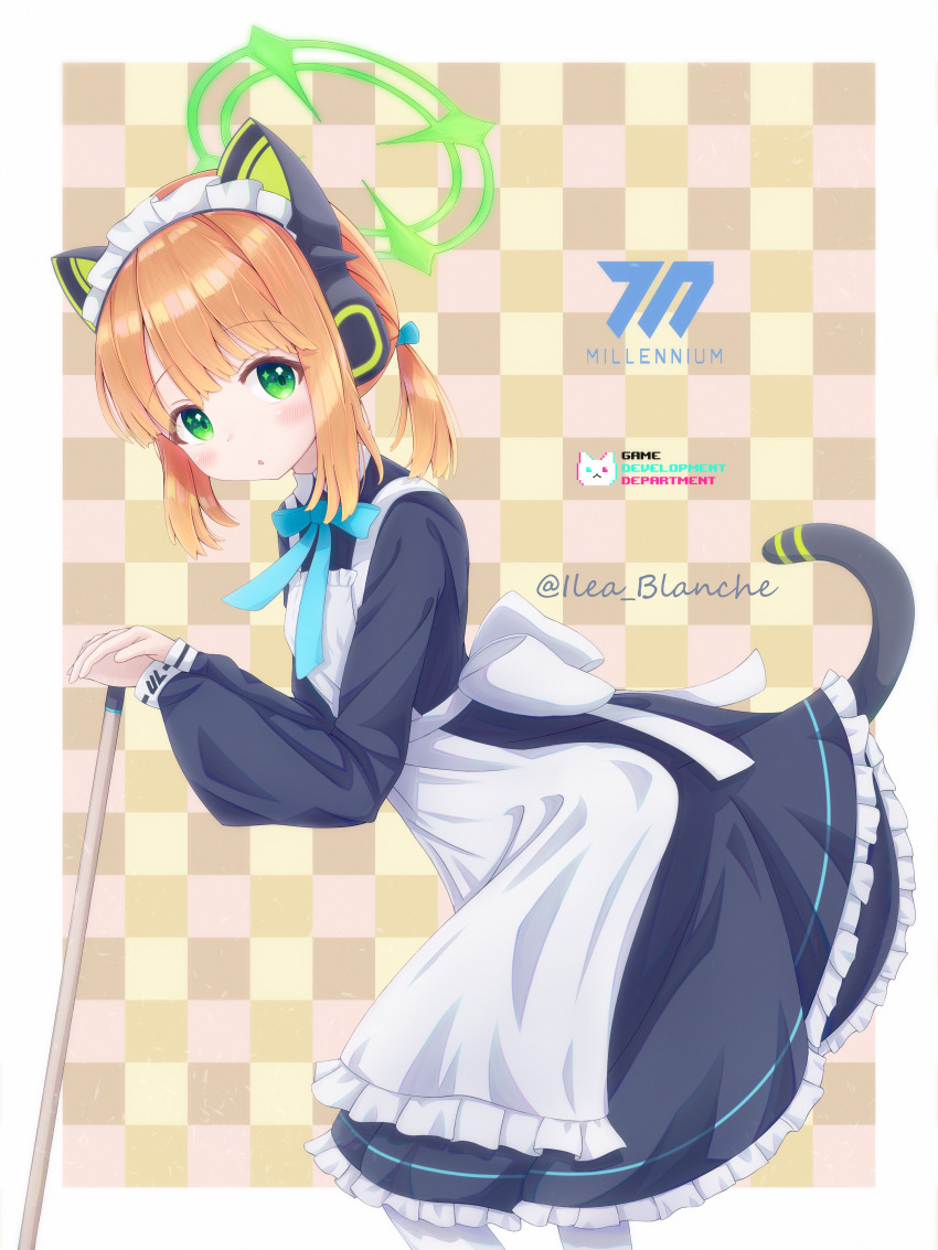 1girl absurdres animal_ear_headphones animal_ears apron aqua_bow aqua_bowtie artist_name back_bow black_dress black_tail blonde_hair blue_archive blush border bow bowtie cat_ear_headphones cat_ears cat_tail checkered_background collared_dress commentary_request contrast_collar dress english_text eyes_visible_through_hair fake_animal_ears fake_tail feet_out_of_frame frilled_apron frilled_dress frills from_side green_eyes green_halo hair_bow halo headphones highres holding ilea_blanche leaning_forward lifted_by_tail long_sleeves looking_at_viewer maid maid_apron maid_headdress medium_hair midori_(blue_archive) midori_(maid)_(blue_archive) millennium_science_school_logo official_alternate_costume official_alternate_hairstyle outside_border pantyhose parted_bangs parted_lips ponytail puffy_long_sleeves puffy_sleeves sidelocks simple_background solo standing star_(symbol) star_in_eye symbol_in_eye tail tail_raised tareme twitter_username white_apron white_border white_bow white_headdress white_pantyhose yellow_background