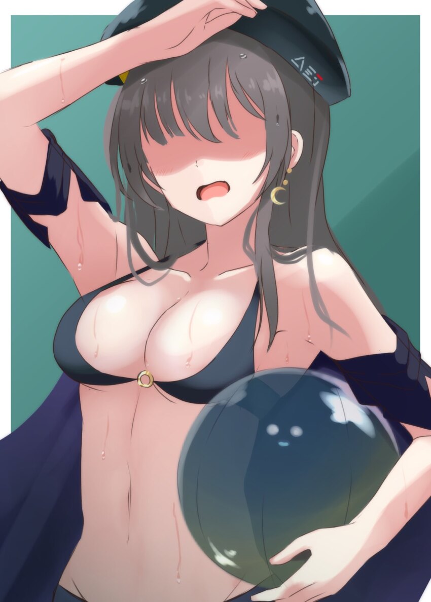 1girl beret bikini black_bikini black_cape braid breasts brown_hair cape collarbone crescent crescent_earrings earrings half_up_braid hat heaven_burns_red highres jewelry lelie_(lelie_link) long_hair narvy_(heaven_burns_red) ooshima_ichiko solo swimsuit