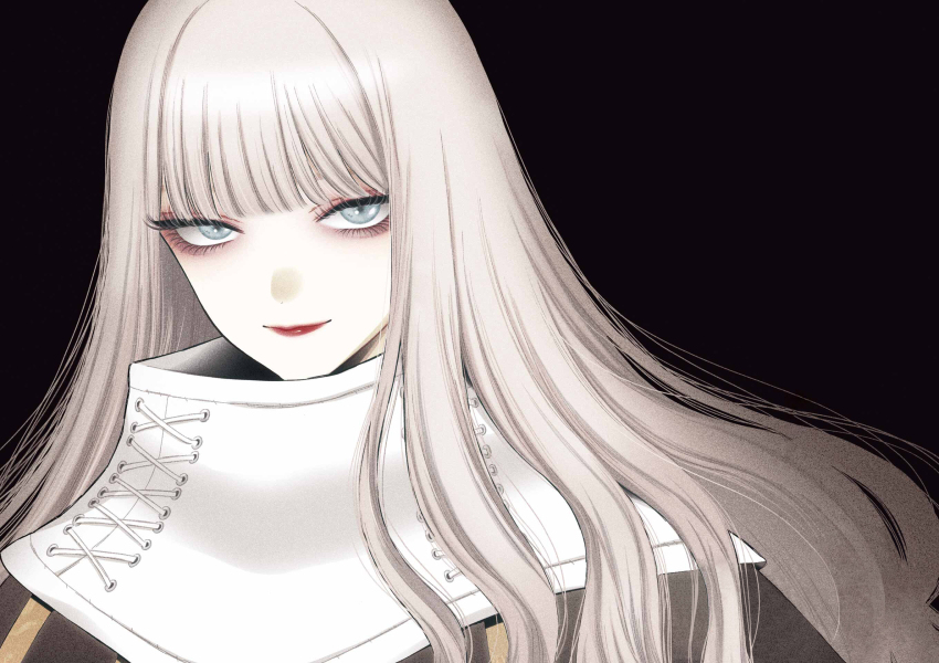 1girl black_background character_request cleaned commentary cosplay english_commentary eyelashes fukuda_shinichi grey_eyes grey_hair highres kitagawa_marin light_smile long_hair looking_at_viewer momocchi18 official_art red_lips simple_background smile solo sono_bisque_doll_wa_koi_wo_suru standing