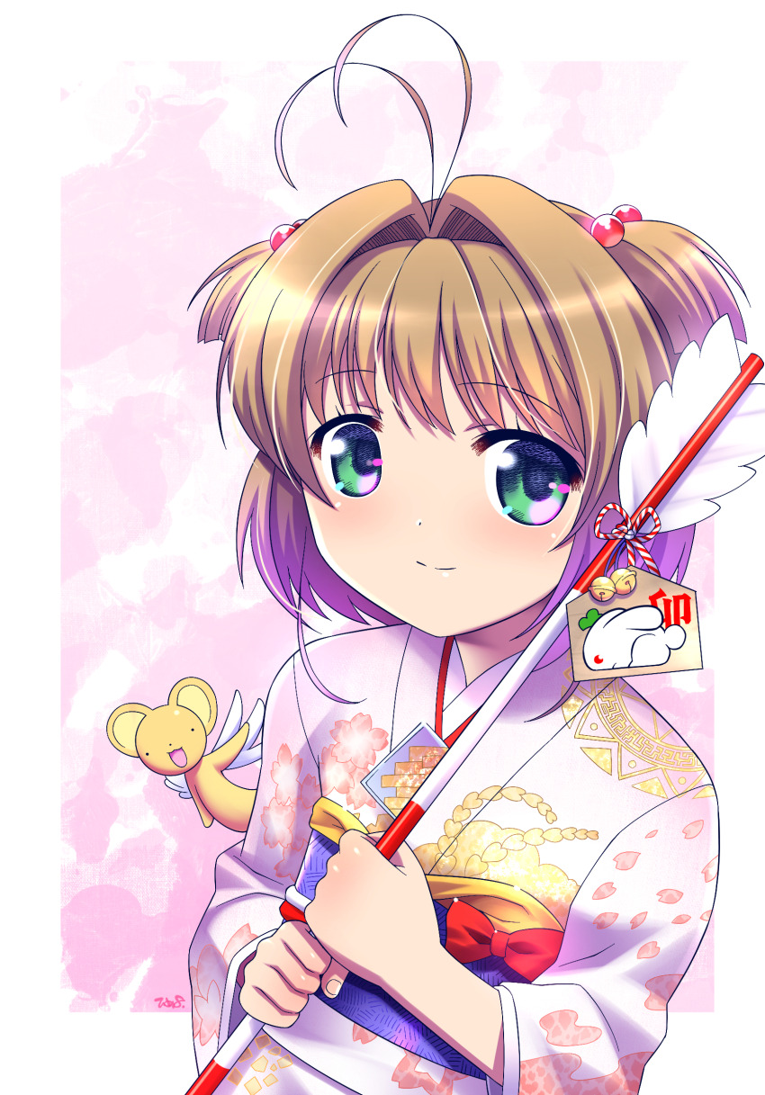 1girl antenna_hair aqua_eyes arrow_(projectile) bell blue_sash brown_hair cardcaptor_sakura closed_mouth flat_chest hair_bobbles hair_intakes hair_ornament hamaya highres himehachi_(hime8manga) holding holding_arrow japanese_clothes jingle_bell kero_(cardcaptor_sakura) kimono kinomoto_sakura obi obiage obijime sash short_hair smile split_mouth two_side_up white_kimono