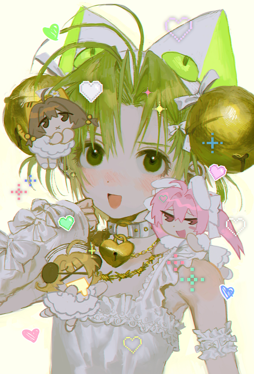 4girls x_mouth absurdres ahoge bell brown_eyes brown_hair di_gi_charat green_eyes green_hair hair_bell hair_between_eyes hair_ornament hat heart highres multiple_girls open_mouth pink_hair piyoko puchiko smile usada_hikaru yatatashira
