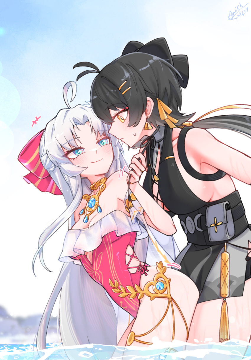 +++ 2girls ahoge antenna_hair aqua_eyes bare_shoulders black_bow black_dress black_hair bow breasts carlotta_(splashing_summer)_(wuthering_waves) carlotta_(wuthering_waves) casual_one-piece_swimsuit closed_mouth commentary_request cross-laced_clothes cross-laced_dress dated dress earrings female_rover_(wuthering_waves) hair_bow hair_ornament hair_ribbon hairclip highres jewelry large_breasts long_hair looking_at_viewer low_ponytail medium_breasts multiple_girls one-piece_swimsuit paid_reward_available parallel_hairclips parted_bangs pink_bow pink_one-piece_swimsuit ponytail ribbon rover_(wuthering_waves) signature sleeveless sleeveless_dress smile starblame striped_bow sweatdrop swimsuit thighs triangle_earrings very_long_hair wet white_hair wuthering_waves yellow_eyes yellow_ribbon