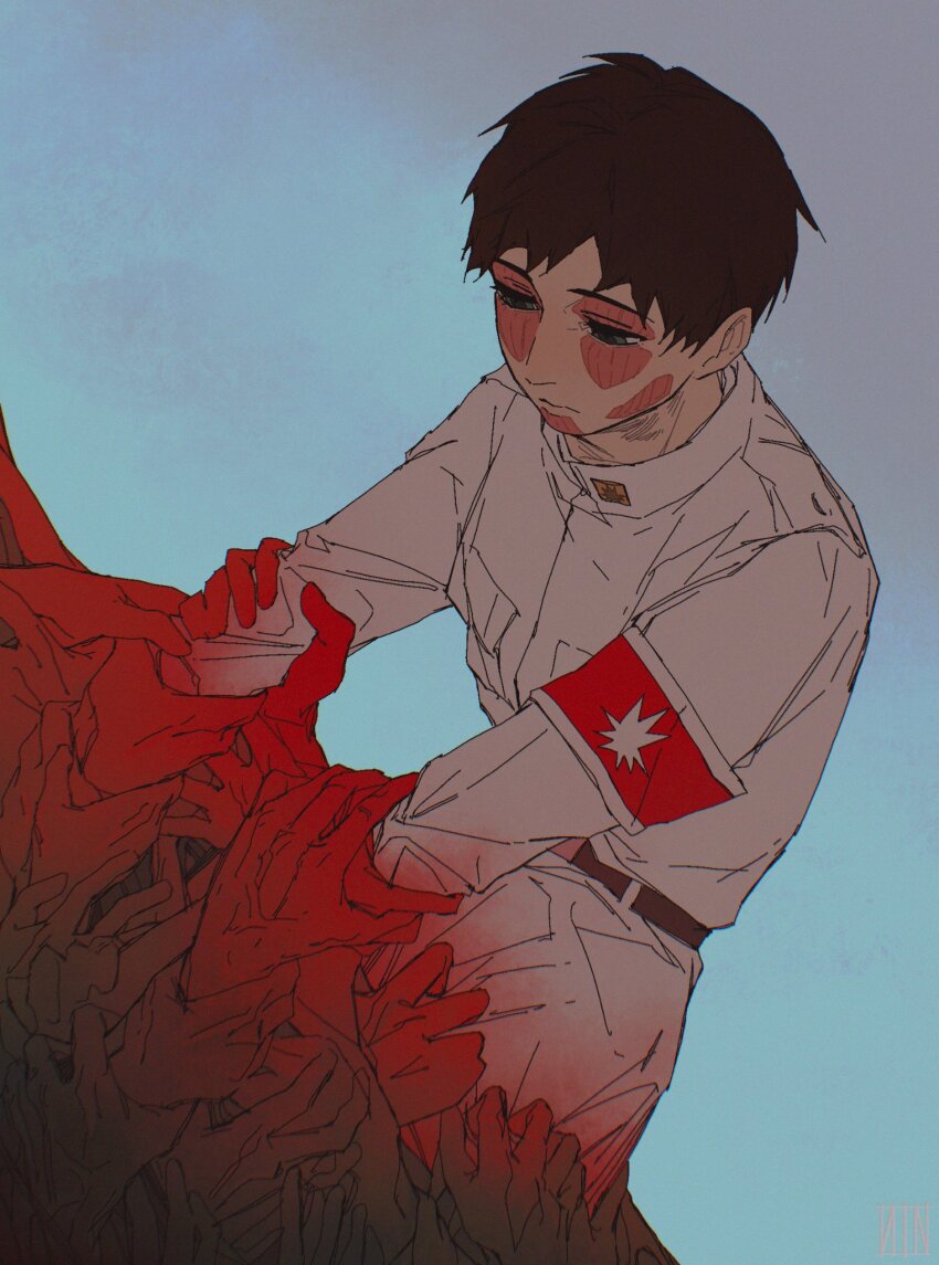 1boy aged_down armband bertolt_hoover black_hair cowboy_shot facial_mark half-closed_eyes highres male_focus marley_military_uniform sad scar shingeki_no_kyojin short_hair solo spoilers titan_(shingeki_no_kyojin) titan_shifter_scars zmlskr