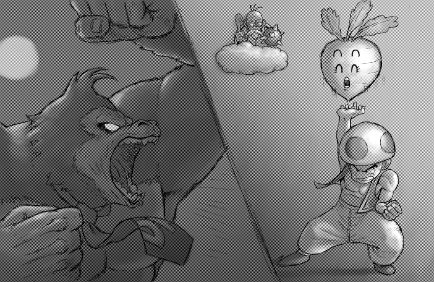 2boys ^_^ angry ape bald battle closed_eyes cloud donkey_kong donkey_kong_(series) dragon_ball dragonball_z happy james_chung kuririn lakitu mario_(series) multiple_boys muten_roushi necktie nintendo parody spiny_egg split_image split_screen sunglasses super_mario_bros._1 super_mario_bros._2 toad_(mario) torokun turnip