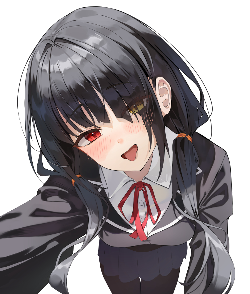 1girl absurdres black_hair black_jacket blazer blush braid bsm_(tcsv2827) collared_shirt date_a_live hair_over_one_eye heterochromia highres jacket lapels long_hair low_twintails neckerchief open_mouth pleated_skirt red_eyes red_neckerchief school_uniform shirt simple_background skirt tokisaki_kurumi tongue tongue_out twin_braids twintails white_background yellow_eyes