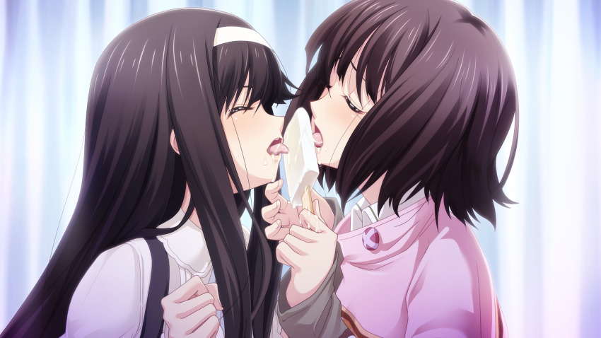 1boy 1girl bad_link black_hair blush brother_and_sister brown_hair chaos;child chaos;child_love_chu_chu!! clenched_hand closed_eyes cream crossdressing dripping eating fellatio food food_on_body game_cg glistening_eyelids hairband highres holding holding_food holding_popsicle ice_cream licking long_hair long_sleeves melting melting_popsicle messy multiple_girls non-web_source official_art oral pink_sweater popsicle popsicle_stick sasaki_mutsumi sexually_suggestive short_hair siblings simulated_fellatio sleeves_past_wrists suggestive_fluid sweater tachibana_yui tachibana_yuuto tongue tongue_out upper_body white_hairband