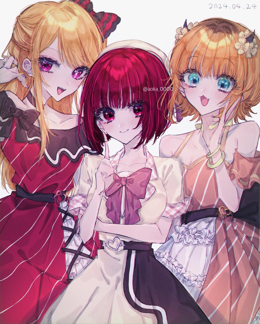 3girls :3 :d aoka_0000 arima_kana b-komachi_(new) bare_shoulders behind_another belt beret black_bow black_choker black_sash blonde_hair blue_eyes blunt_bangs bob_cut bow bow_choker bowtie bracelet breasts brown_hair choker cleavage closed_mouth collarbone collared_dress commentary_request cross-laced_clothes cross-laced_dress dated demon_horns detached_sleeves dress dress_bow eyelashes eyes_visible_through_hair fake_horns fang flower frilled_dress frills gold_bracelet grey_background hair_bow hair_flip hair_flower hair_ornament half_updo hand_on_own_arm hand_up hat heart heart_o-ring highres holding_own_arm horns hoshino_ruby index_finger_raised inverted_bob jewelry lapels layered_dress long_hair looking_at_viewer looking_to_the_side medium_breasts mem-cho multicolored_hair multiple_bracelets multiple_girls notched_lapels o-ring o-ring_belt off-shoulder_dress off_shoulder open_mouth orange_dress orange_hair oshi_no_ko overskirt plaid_lapels purple_bow purple_bowtie purple_dress purple_eyes red_bow red_eyes red_hair roots_(hair) sash short_hair short_sleeves sidelocks sideways_glance sleeve_cuffs sleeveless sleeveless_dress small_breasts smile star-shaped_pupils star_(symbol) striped_clothes striped_dress swept_bangs symbol-shaped_pupils teeth twitter_username two-tone_hair upper_teeth_only white_flower white_hair yellow_bow yellow_choker yellow_dress