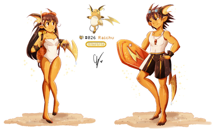 1boy 1girl barefoot brown_hair brown_male_swimwear closed_mouth collarbone colored_extremities colored_skin commentary endifi full_body gen_1_pokemon goggles goggles_on_head long_hair male_swimwear nintendo one-piece_swimsuit orange_skin personification pokemon pokemon_(creature) raichu reference_inset signature simple_background smile strapless strapless_one-piece_swimsuit swim_trunks swimsuit tank_top whistle whistle_around_neck white_background white_one-piece_swimsuit white_tank_top