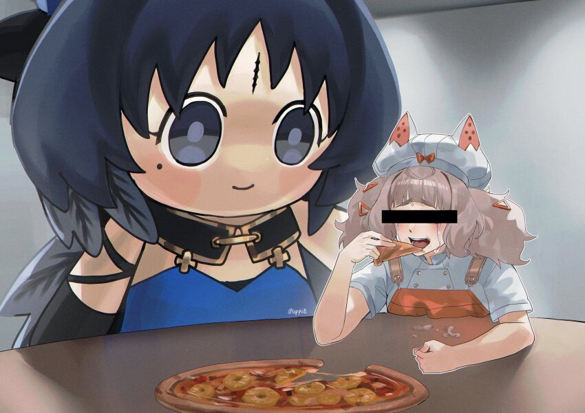 2girls black_eyes blank_room_soup brown_hair censored censored_identity clenched_hand closed_mouth commentary crying english_commentary food hair_ornament hat hat_with_ears highres holding holding_food holding_pizza leppib margherita_(wuthering_waves) mascot_costume mole mole_under_eye multiple_girls pineapple_on_pizza pizza shirt short_hair smile tacet_mark_(wuthering_waves) white_hat white_shirt wuthering_waves yangyang_(wuthering_waves)