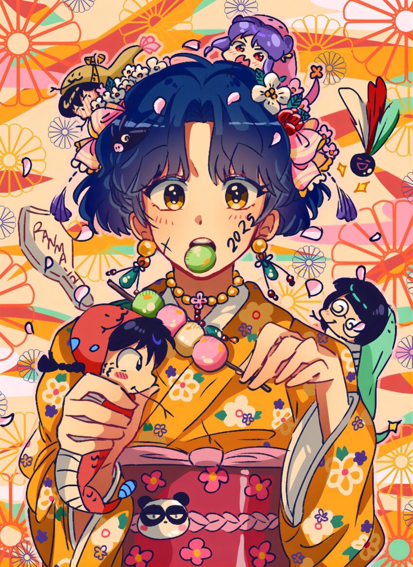 2025 blue_hair blush character_name dango floral_print food garnel_(letsgotomato11) hibiki_ryouga highres japanese_clothes kimono mousse_(ranma_1/2) new_year panda ranma_1/2 saotome_genma_(panda) saotome_ranma shampoo_(ranma_1/2) short_hair snake tendou_akane wagashi yellow_kimono