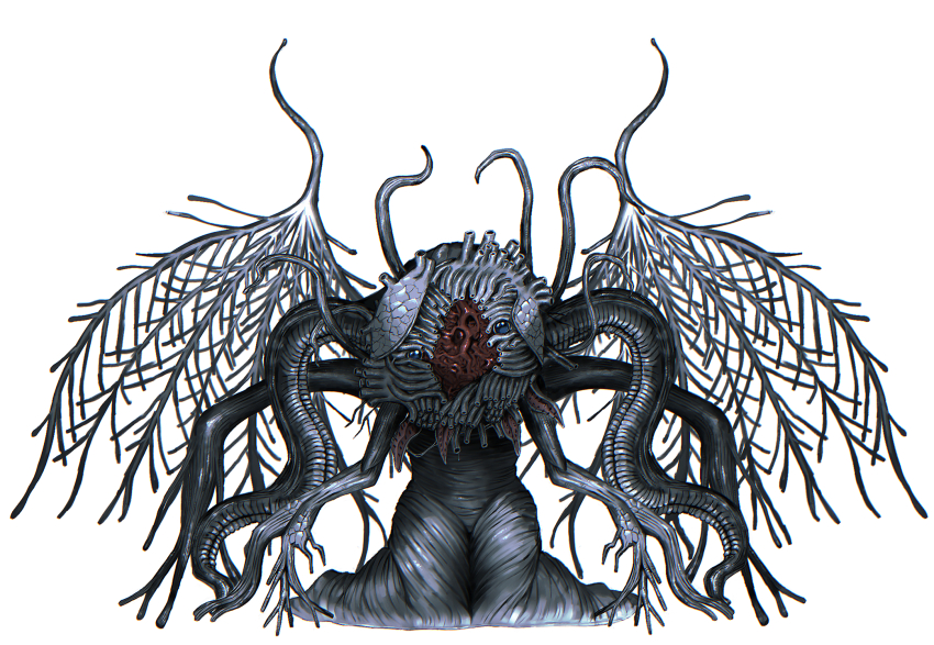 1other bloodborne blue_eyes chromatic_aberration ebrietas_daughter_of_the_cosmos eldritch_abomination full_body grey_wings highres kneeling knees_together_feet_apart kureson_(hayama_baa) looking_at_viewer monster simple_background solo straight-on tentacles white_background wings