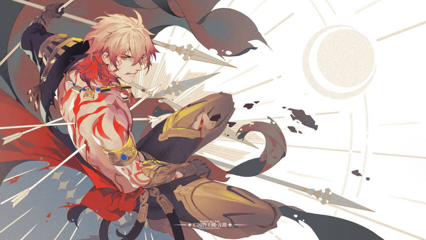 1boy armlet armor armored_boots arrow_(projectile) arrow_in_body artist_name black_coat black_pants blonde_hair blood blood_on_face boots braid broken_armor chest_tattoo chinese_commentary clawed_gauntlets coat commentary_request earrings facial_tattoo gold_armlet gold_earrings gold_necklace gradient_hair hair_between_eyes highres holding holding_polearm holding_weapon honkai:_star_rail honkai_(series) injury jewelry male_focus medium_hair multicolored_hair mydei_(honkai:_star_rail) necklace open_clothes open_coat pants pauldrons polearm red_hair red_tattoo shoulder_armor side_braid single_pauldron solo tattoo toned toned_male watermark weapon weibo_5698511304 weibo_watermark yellow_eyes