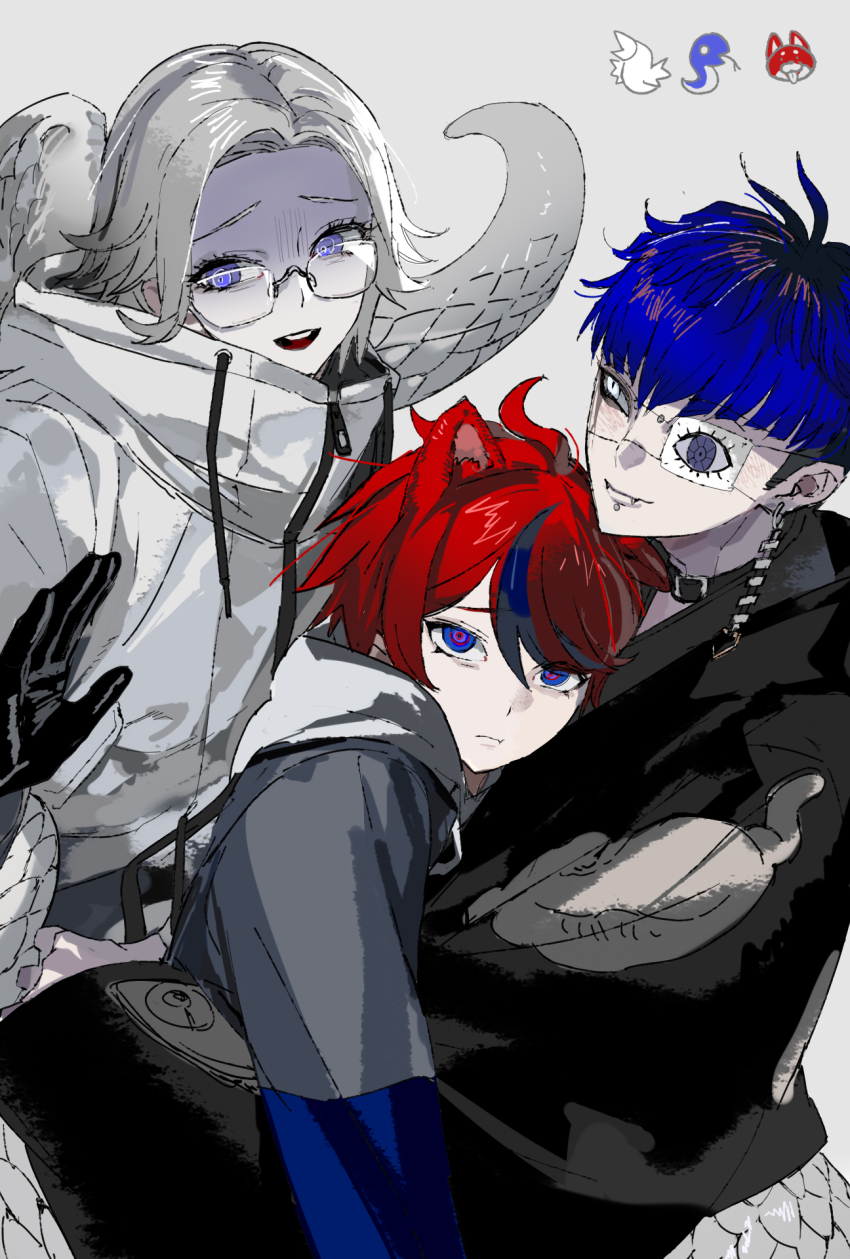 3boys animal_ear_fluff animal_ears aotsuki_eito arm_up bird_boy black_gloves black_hair black_kimono blue_eyes blue_hair closed_mouth commentary dot_nose drawstring eyelashes eyepatch face_piercing fangs fox_ears glasses gloves grey_background grey_hair hashtag-only_commentary highres hood hood_down hooded_jacket jacket japanese_clothes kimono labret_piercing lazychaidui male_focus medical_eyepatch multicolored_eyes multicolored_hair multiple_boys omokage_yugamu open_mouth parted_bangs parted_hair patterned_clothing piercing red_hair ringed_eyes simple_background slit_pupils smile snake_boy snake_tail streaked_hair sumino_takumi tail teeth the_hundred_line_-last_defense_academy- two-tone_hair upper_teeth_only white_eyes white_jacket