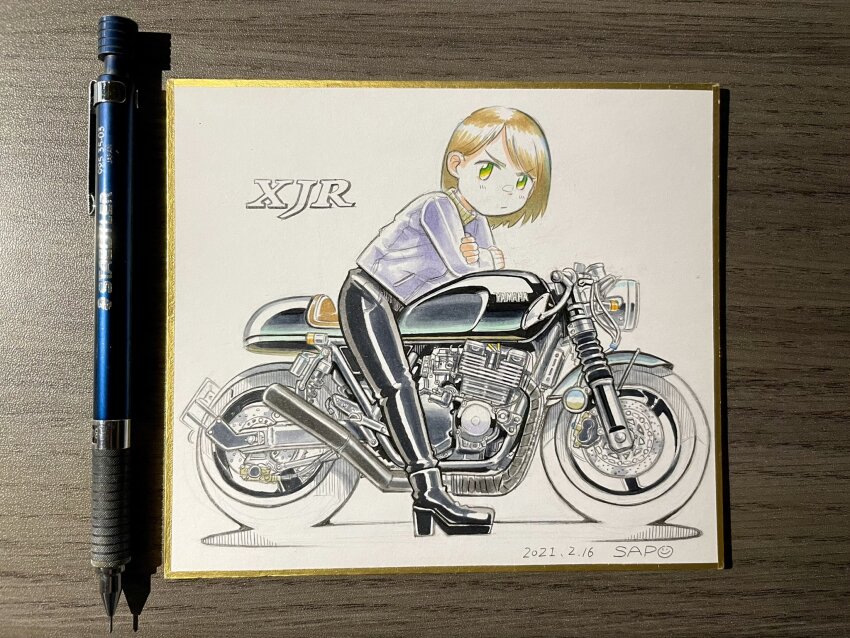 1girl art_tools_in_frame artist_name black_footwear black_pants boots brown_hair crossed_arms dated hair_behind_ear high_heel_boots high_heels highres leaning_forward leather leather_pants mechanical_pencil motor_vehicle motorcycle original pants pencil photo_(medium) purple_sweater sapo_(saaaapo_po) shikishi short_hair sitting sweater traditional_media vehicle_focus white_background yamaha
