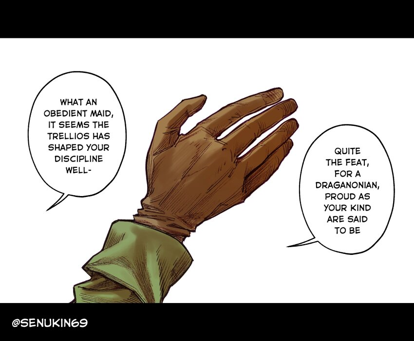 artist_name brown_gloves commentary english_commentary gloves green_jacket hand_focus hand_up highres jacket laekna_trellios letterboxed long_sleeves original out_of_frame senukin simple_background speech_bubble talking white_background