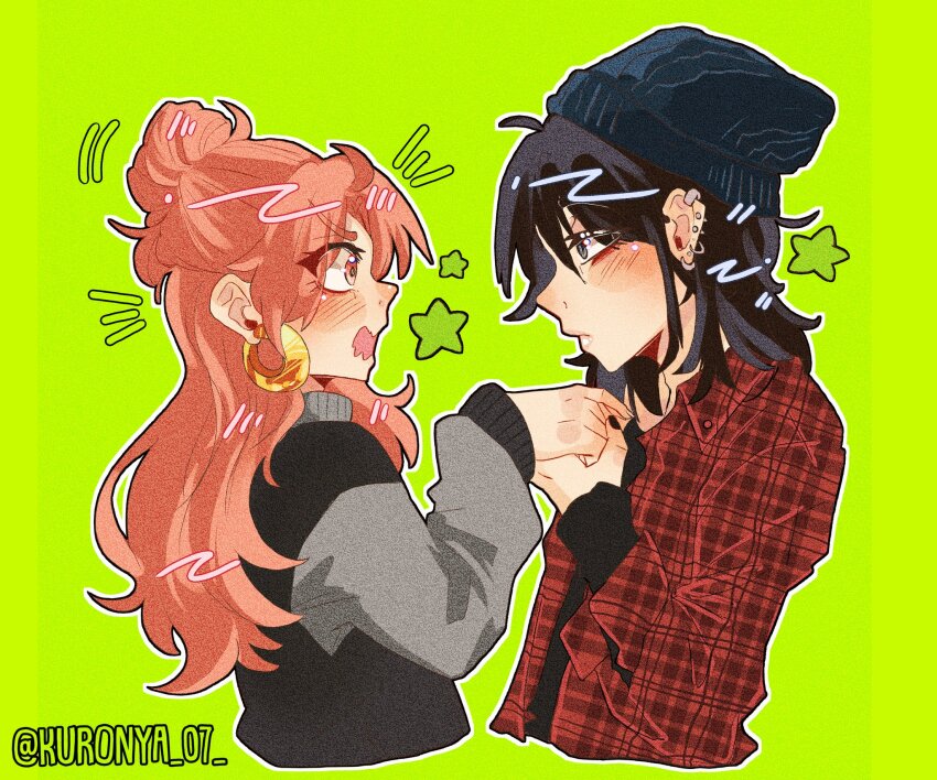 2girls beanie black_hair black_nails black_sweater blush collared_shirt commentary cropped_torso dress_shirt ear_piercing earrings english_commentary eye_contact flustered from_side green_background grey_eyes grey_sweater hair_blush hair_bun hat highres holding_hands hoop_earrings jewelry kininatteru_hito_ga_otoko_ja_nakatta koga_mitsuki kuronya_07 layered_sleeves long_hair long_sleeves looking_at_another medium_hair motion_lines multiple_girls notice_lines oosawa_aya open_mouth outline piercing pink_eyes pink_hair plaid_clothes plaid_shirt profile red_shirt shirt simple_background single_hair_bun star_(symbol) sweater twitter_username v-shaped_eyebrows wavy_hair white_outline yuri