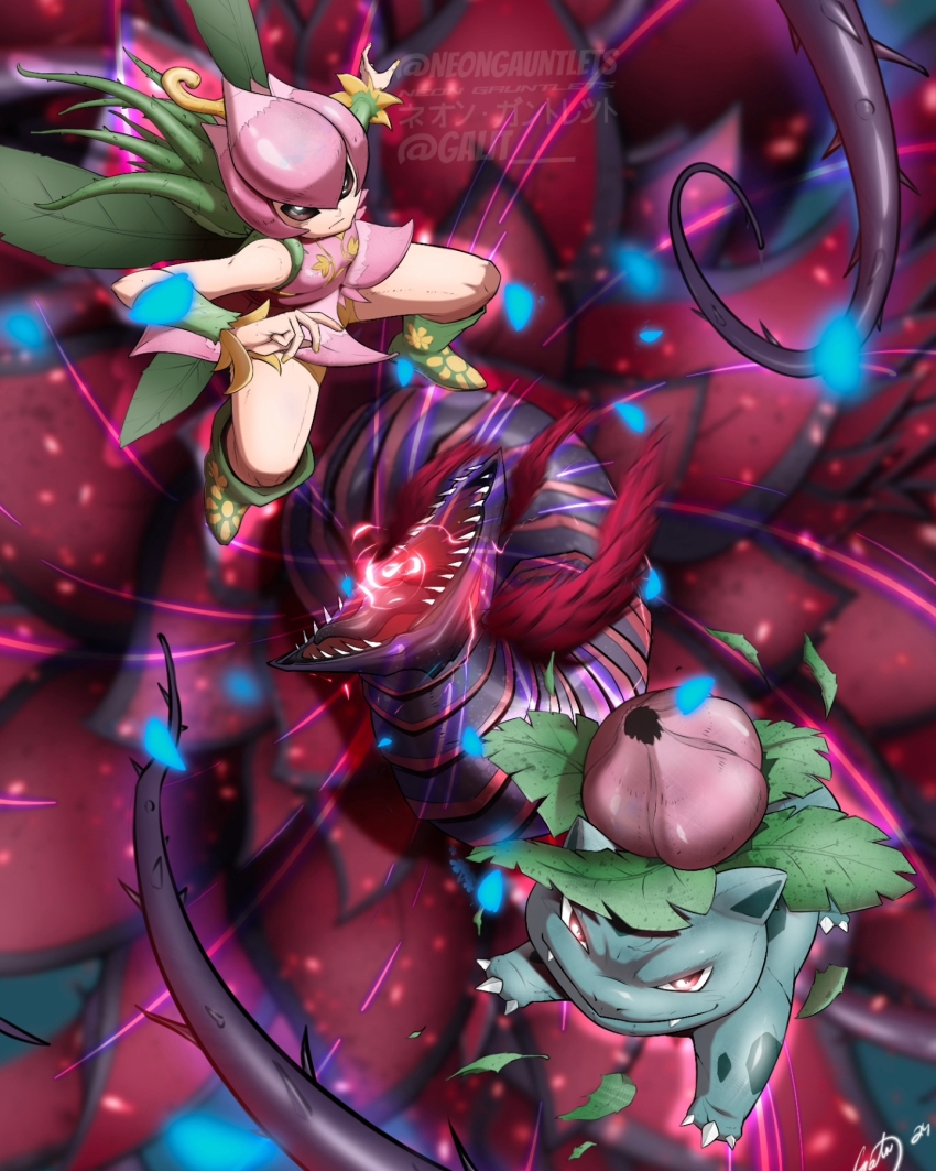 black_rose_dragon digimon digimon_(creature) fairy flower gen_1_pokemon highres lilimon monster_girl nail_polish nintendo petals plant_girl pokemon venusaur yu-gi-oh!