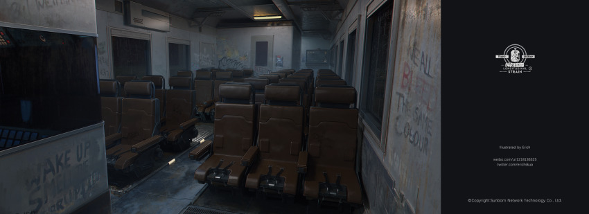 artist_name ceiling_light chair commentary company_name copyright_notice english_commentary english_text erich girls&#039;_frontline graffiti highres no_humans official_art scenery seatbelt train_interior twitter_username watermark web_address weibo_username window